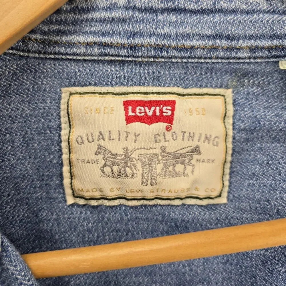 Vintage 90s Levis Denim Metal Button Up Shirt Large Blue Tab Ticking Stripe
